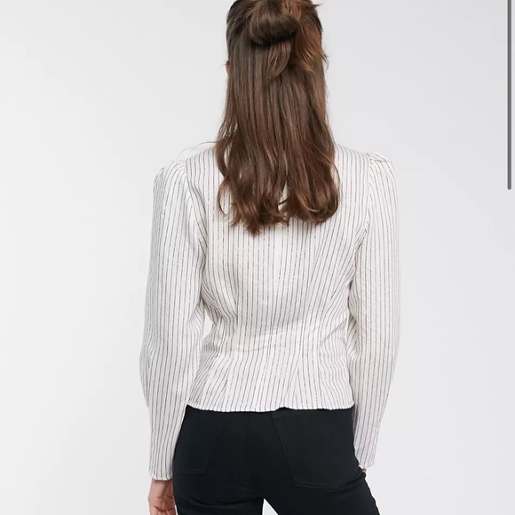 & Other Stories metallic stripe puff sleeve high-neck blouse in white - Picture 4 of 6